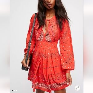 Free People Coryn Mini Dress LS Cutouts Fit & Flair Pleated Size 4 Coral Red NWT